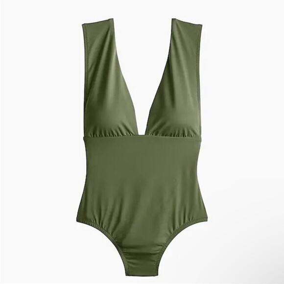J. Crew V-Neck Plunge One-Piece Swimsuit‎ in Olive Green Sz 24 Plus NEW - Picture 1 of 7